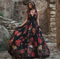Halloween Theme Rose And Skull Pattern Women's V-neck Long Dress elevenforest