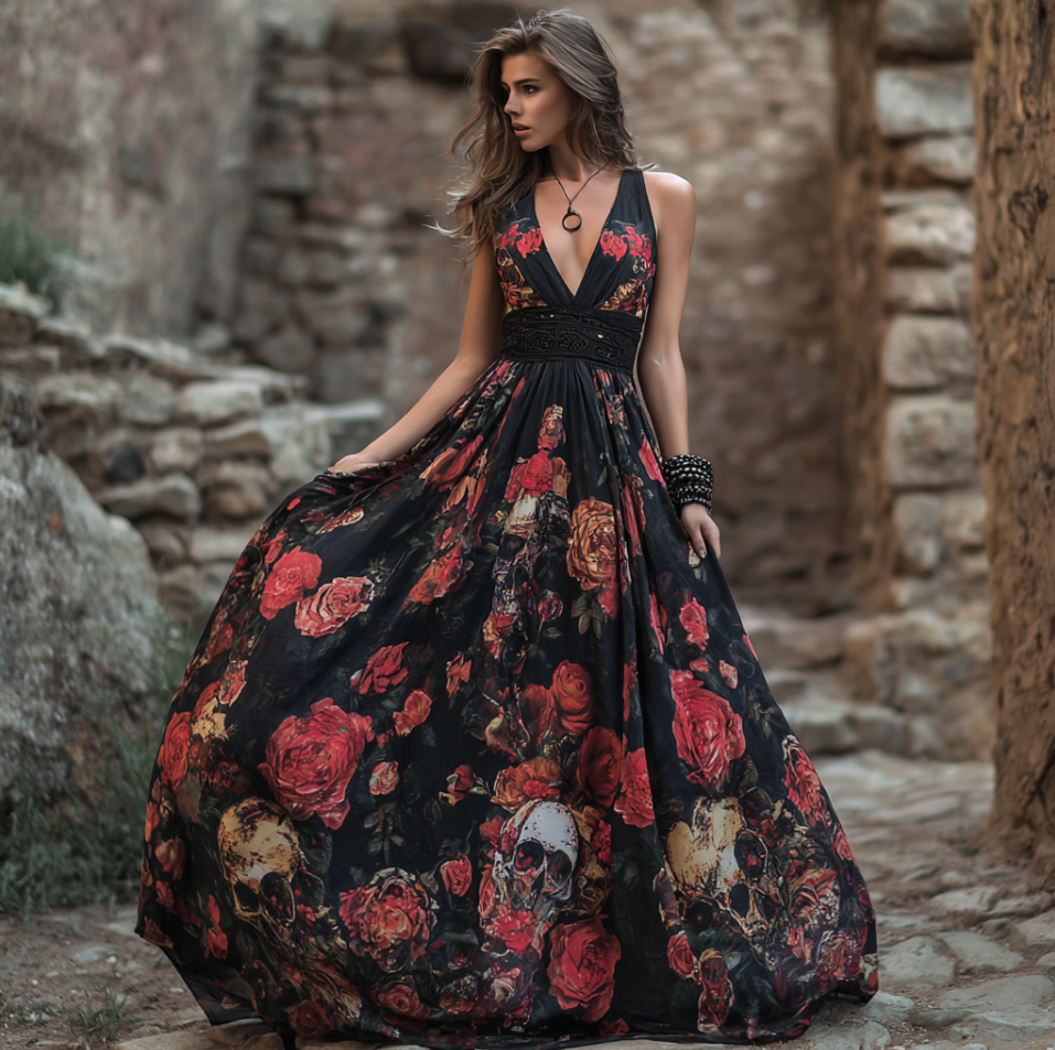 Halloween Theme Rose And Skull Pattern Women's V-neck Long Dress elevenforest