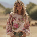 Women's Vintage Pink Rose Print  Linen Blend T-shirt elevenforest
