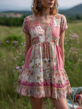 Vintage Cottagecore Pink Floral Patchwork Linen Mini Dress elevenforest
