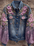 Elegant Purple Roses Glitter Patchwork Denim Jacket elevenforest