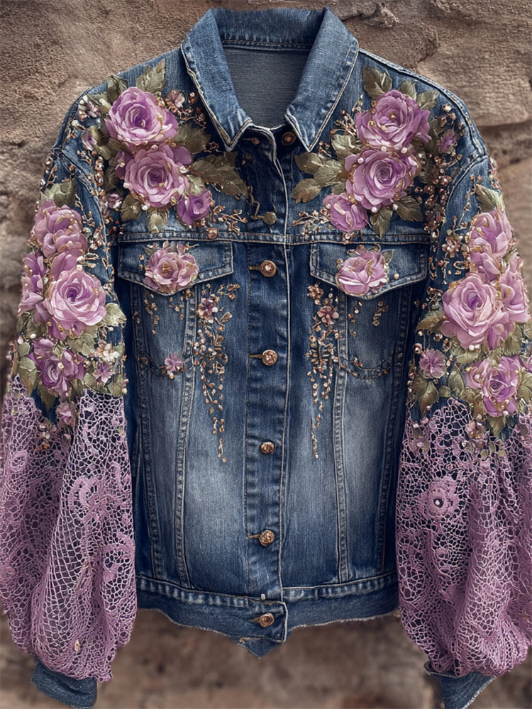 Elegant Purple Roses Glitter Patchwork Denim Jacket elevenforest