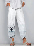 Comstylish Whale Tail Art Print Linen Blend Casual Pants