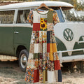 Countryside Style Collection Classy Patchwork Sunflower And Floral Pattern Art Linen Maxi Dress elevenforest