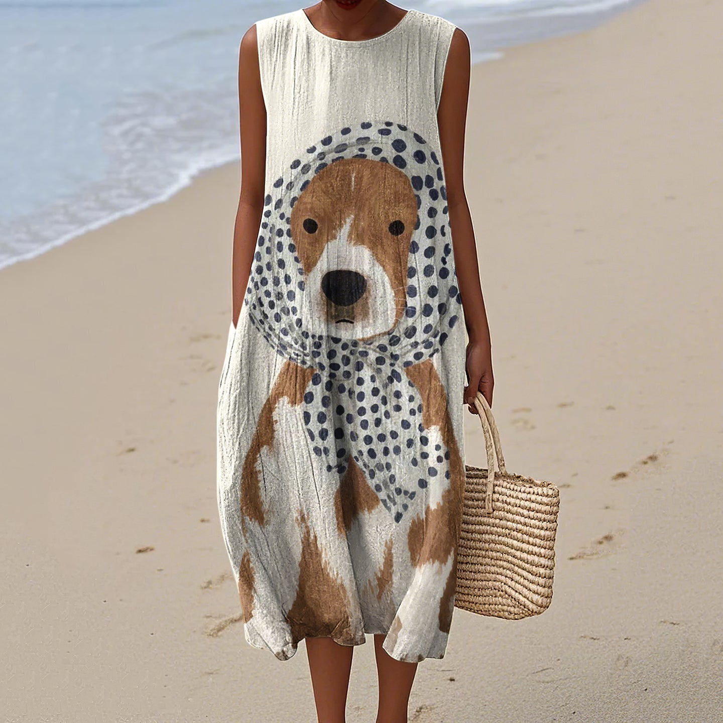 Cute Dog Art Linen Tank Midi Dress elevenforest