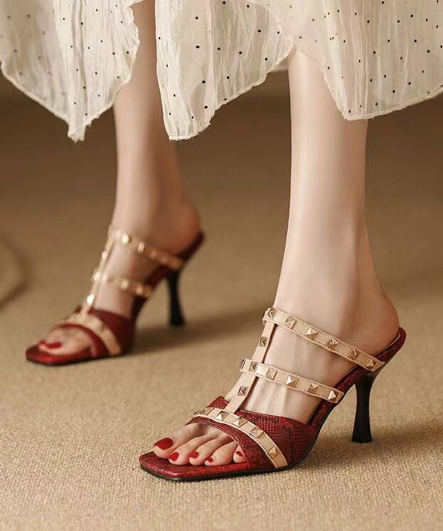 Wine Red Peep Toe High Heel Slippers Stylish Splicing Rivet Xc1023