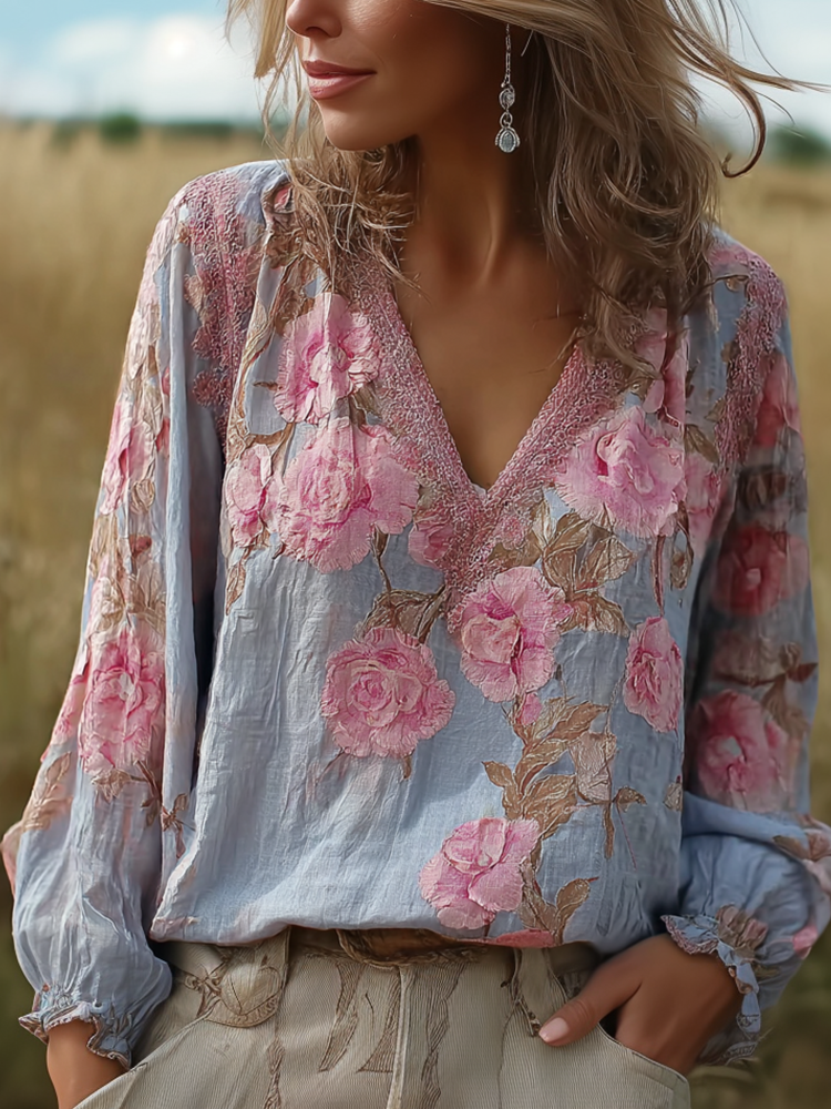 Bohemian Retro Countryside Plant Flower Pattern V-neck Top elevenforest