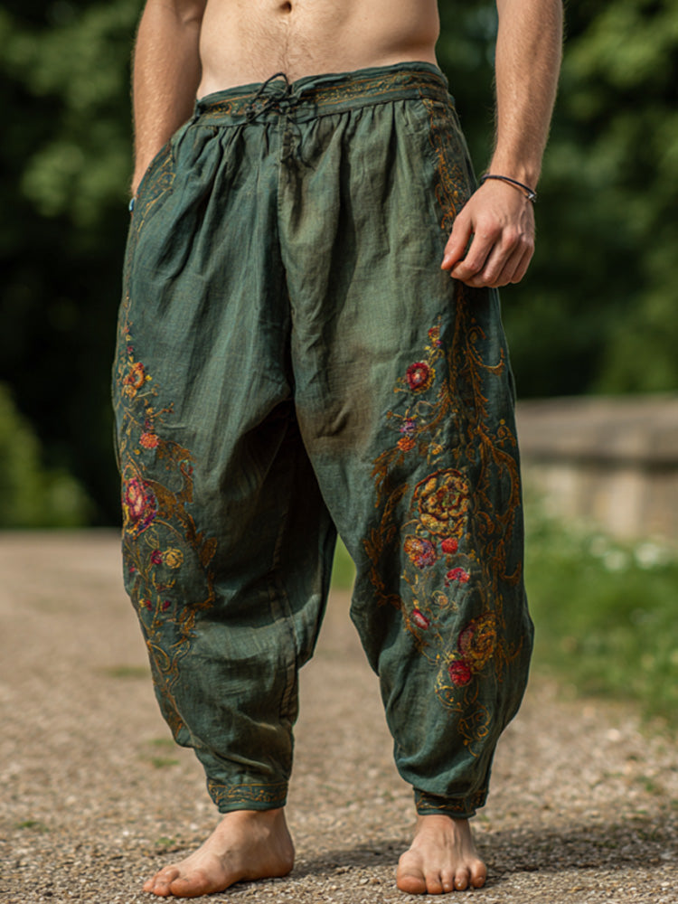 Men's Retro Bohemian Plant And Floral Embroidered Print Pants elevenforest