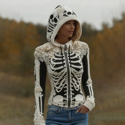 Women's Halloween Skeleton Bones With Roses Art Knitted Warm Zipper Hooded Sweater artswardrobe