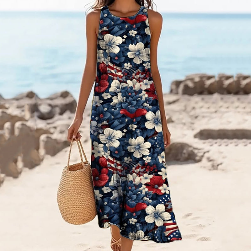 Women's Independence Day Flag Floral Print Midi Dress elevenforest