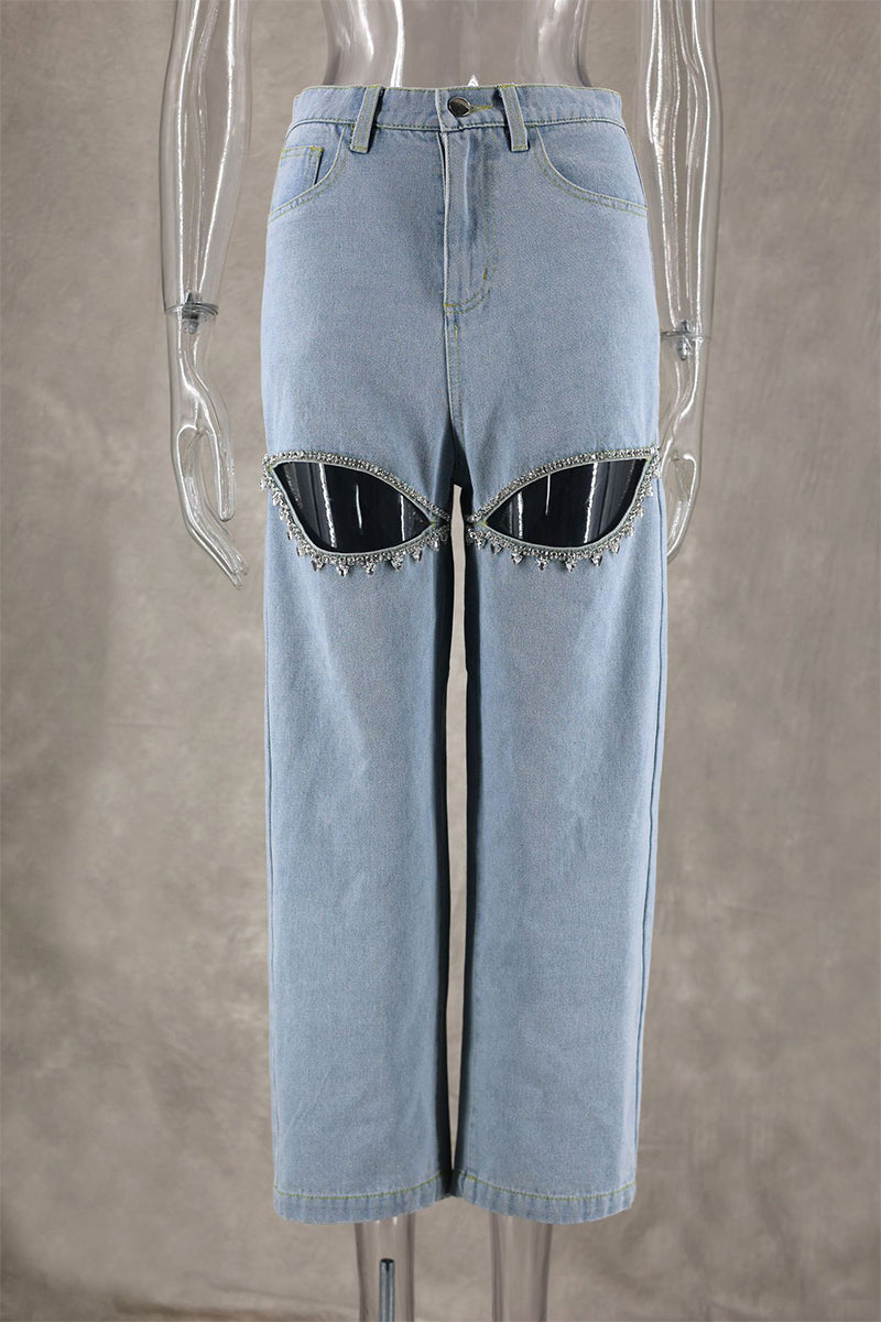 Street Color Rhinestone Decor High Waist Denim Jeans