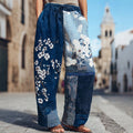 Women's Japanese Sashiko And Floral Pattern Linen Pants elevenforest