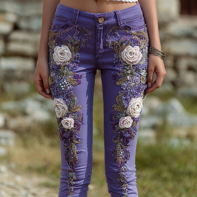 Vintage White Roses Embroidered Purple Skinny Jeans elevenforest