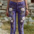 Vintage White Roses Embroidered Purple Skinny Jeans elevenforest