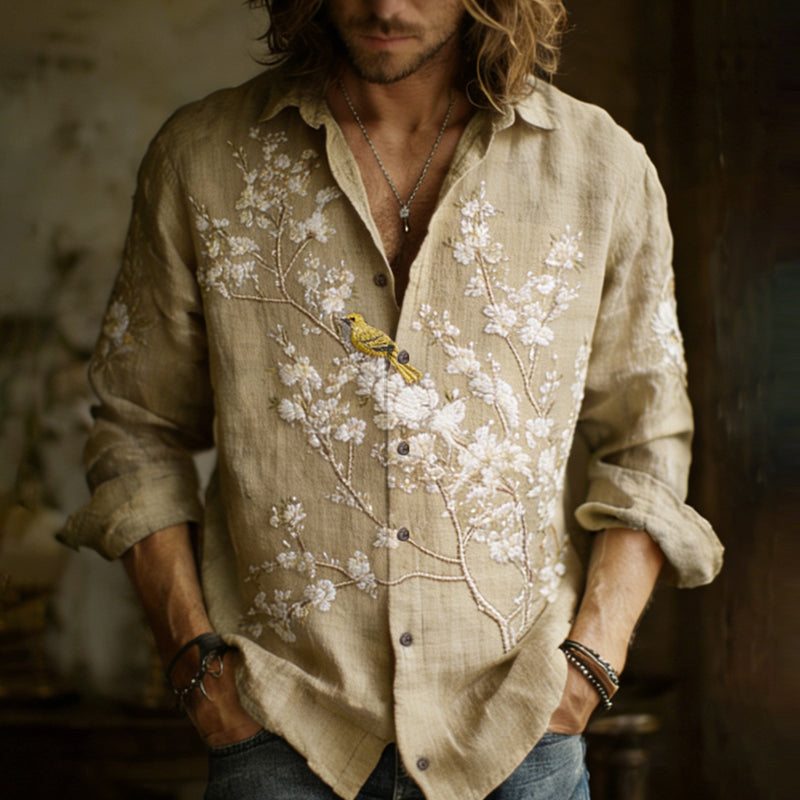 Men's Apricot Blossom With Bird Embroidery Painting Art Linen Shirt elevenforest