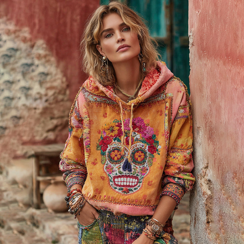 Women's Classic Mexican Sugar Skeleton Catrina Day Of The Dead Inspired Painting Embroidered Casual Linen V Neck  Long Sleeve T-shirt elevenforest