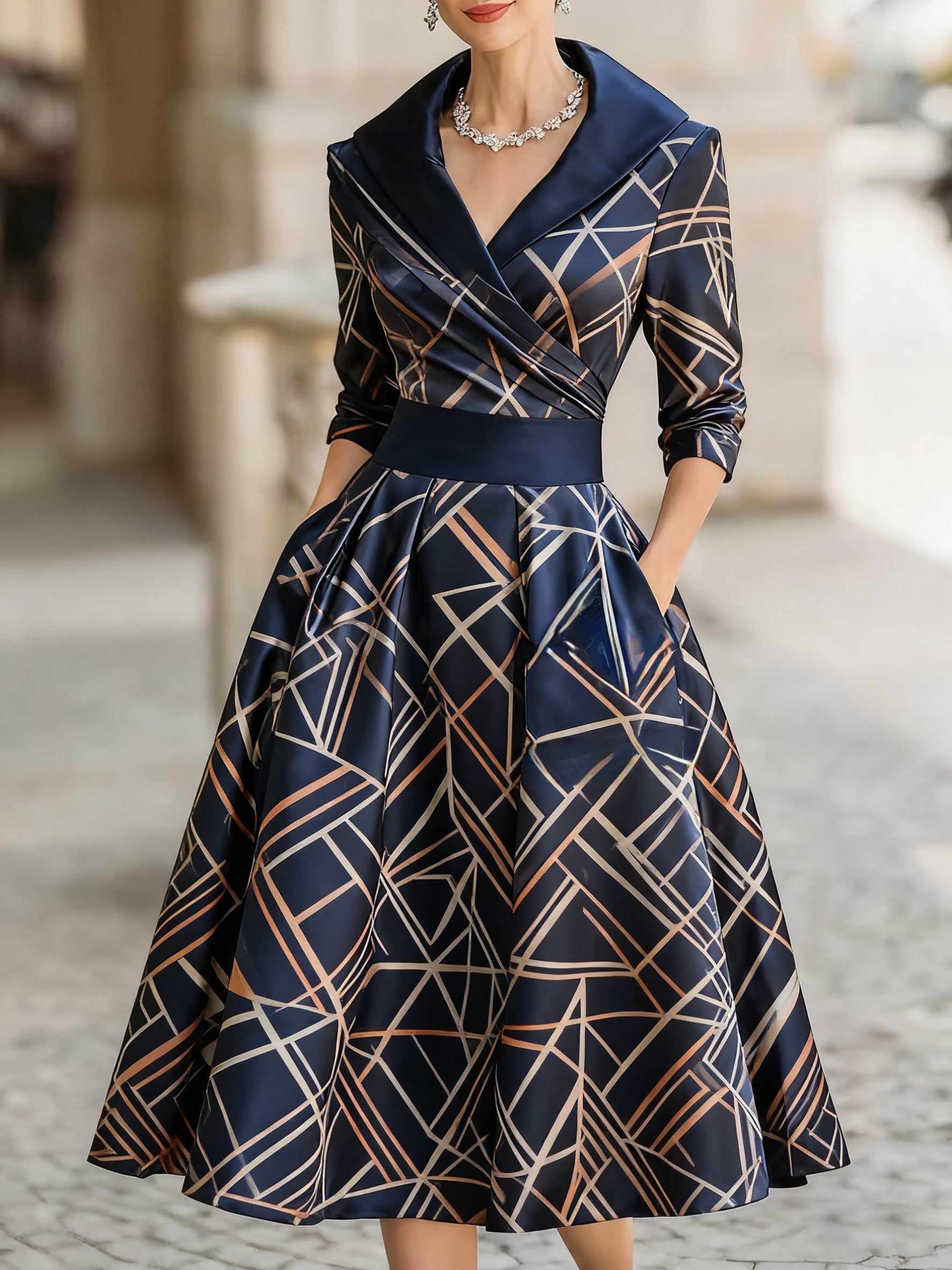 Women's abstract jacquard printed mid-length dress