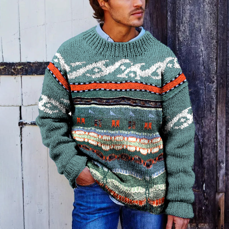 Retro Green Striped Surf Jacquard Crew Neck Sweater elevenforest
