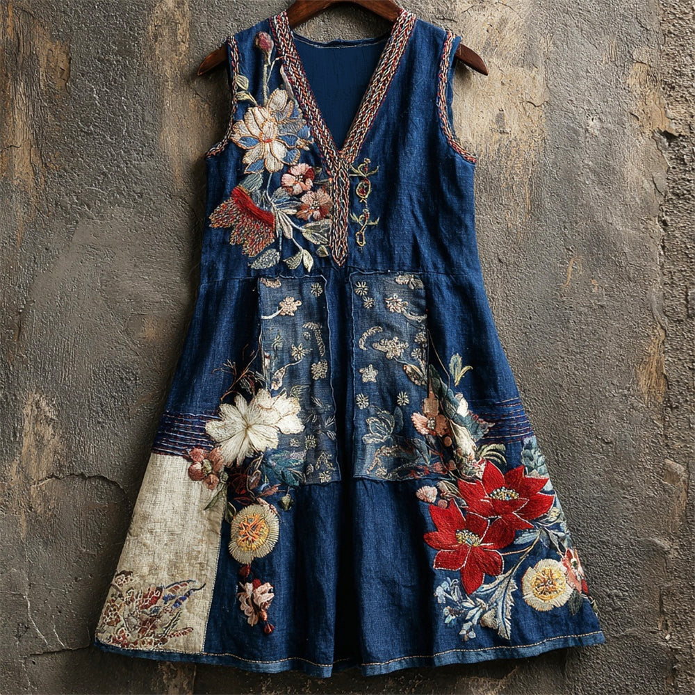 Japanese Art Floral Embroidery Women's Linen V-neck Vest Dress elevenforest