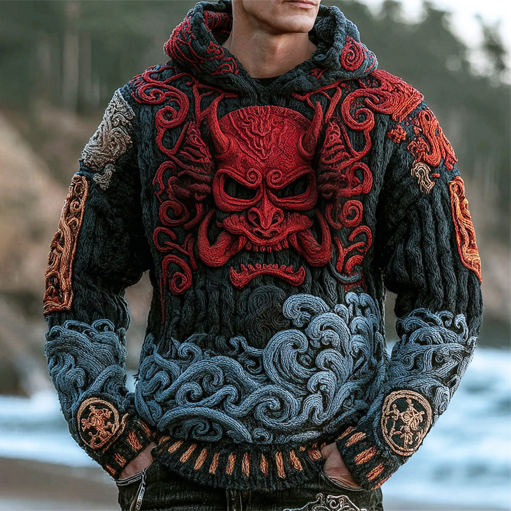 Japanese Flame Claw Oni Art Men's Chunky Knit Hooded Sweater elevenforest