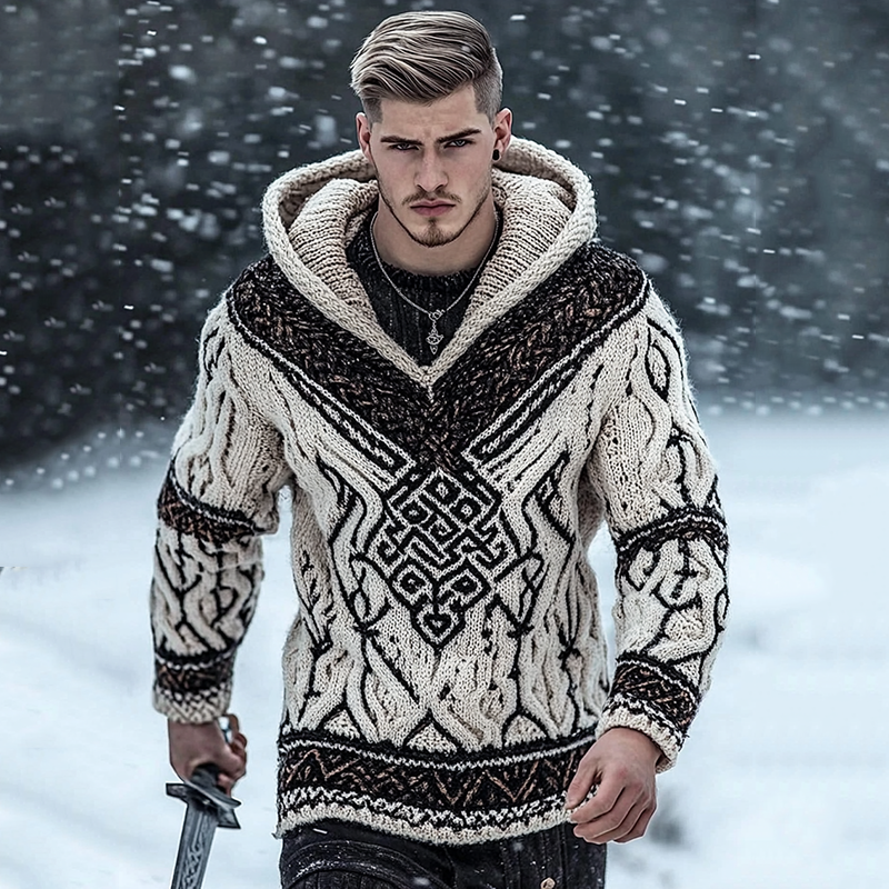 Men's Viking Tribal  Jacquard Celtic Inspired Cozy Hooded Sweater elevenforest