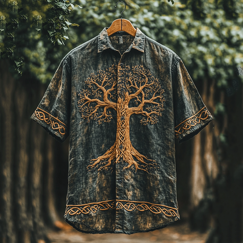 Men's Viking Mythology Tree Of Life Tie Dye Lapel Shirt elevenforest