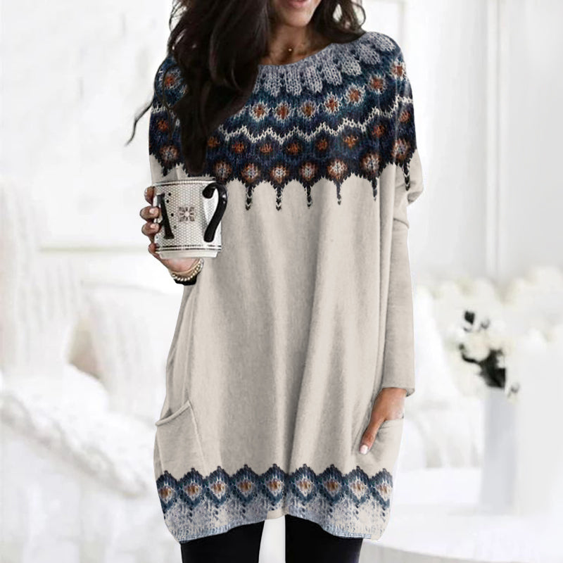 Comstylish Retro Icelandic Pattern Pocket Crew Neck Tunic