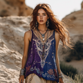 Women's Bohemia Ethnic Patchwork Style Linen Sleeveless Top elevenforest