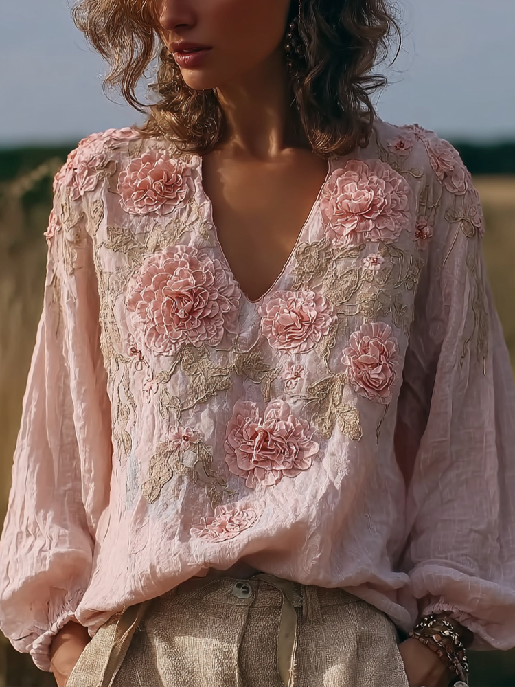 Bohemian Retro Countryside Style Plant Flower Design Cotton And Linen Women's Long-sleeve Shirt elevenforest