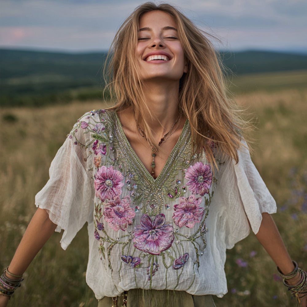 Ladies' Worn-out Floral Embroidery V-neck Top elevenforest