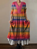 Women's Vintage Floral Art Print V-Neck Button Pocket Cotton Dress