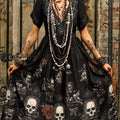 Ladies' Vintage Black V-neck Long Dress With Skull And Flower Print elevenforest