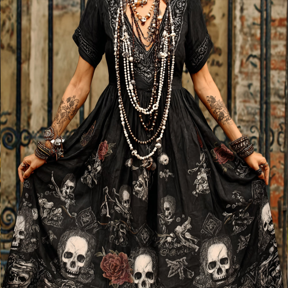 Ladies' Vintage Black V-neck Long Dress With Skull And Flower Print elevenforest