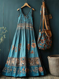 Ethnic Boho Floral Embroidered Turquoise Linen Maxi Dress elevenforest