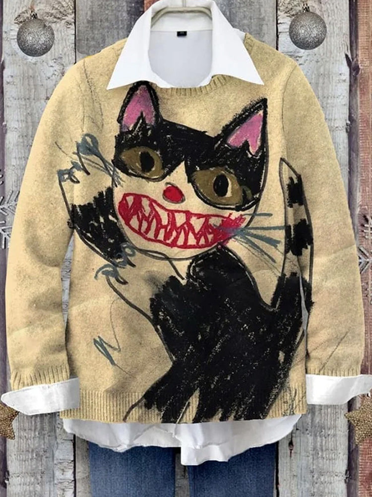 Women's Cute Pet Cat Doodle Printed Sweater elevenforest
