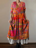Women's Bohemian Ethnic Abstract Print V-Neck Pocket Cotton Dress