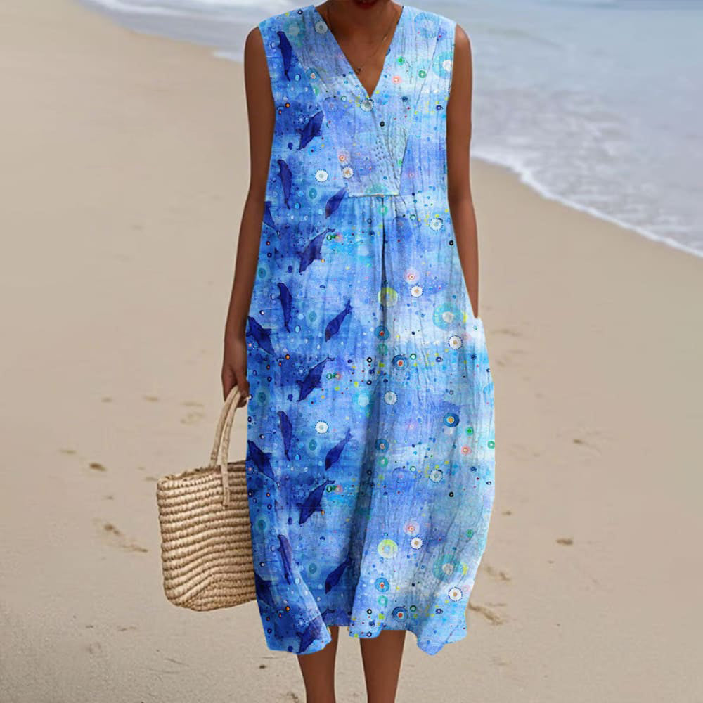 Vintage Fish Printed Linen Casual Tank Dress elevenforest