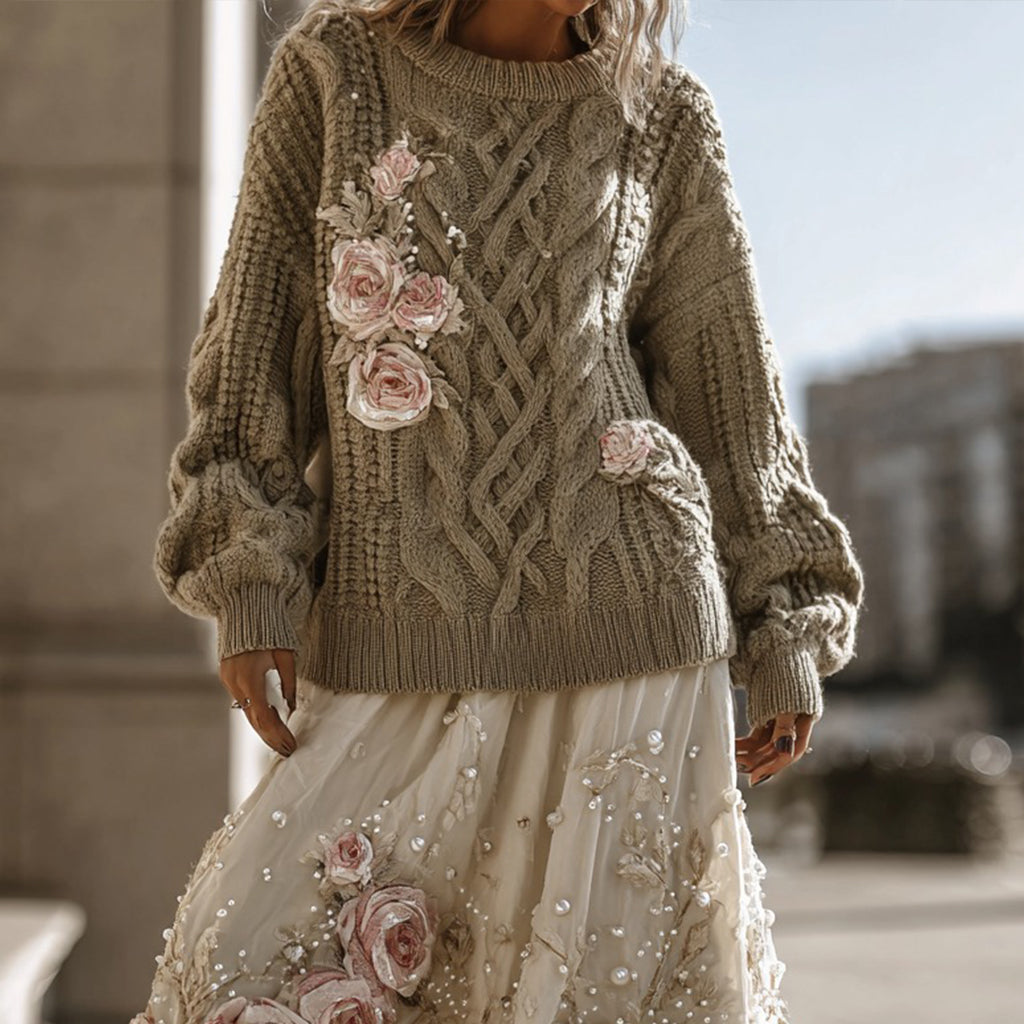 Vintage Rose Pattern Cable Knit Sweater And Linen Skirt Two-piece Set elevenforest