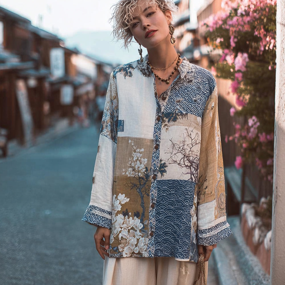 Women's Japanese Traditional Embroidery Floral Patchwork Art Printed Linen Long Sleeve Shirt elevenforest