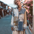 Women's Japanese Traditional Embroidery Floral Patchwork Art Printed Linen Long Sleeve Shirt elevenforest