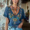 Bohemian Ethnic Floral Linen Art Print Short Sleeve V-neck Shirt elevenforest