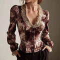 Comstylish Vintage Tie-dye Lace Trim V. Ruffle Collar Blouse