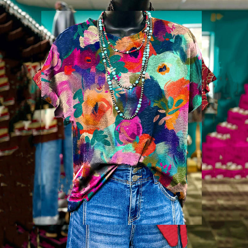 Women's Retro Colorful Floral Oil Painting Printed Casual T-shirt elevenforest