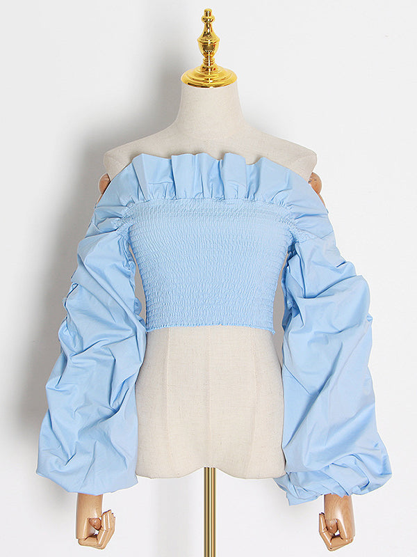 Long Sleeves Loose Elasticity Ruffle Trim Color Split-joint Off-the-shoulder Blouses&shirts Tops