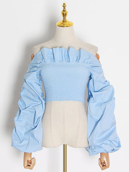 Long Sleeves Loose Elasticity Ruffle Trim Color Split-joint Off-the-shoulder Blouses&shirts Tops