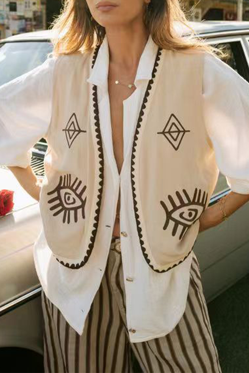 Colorblock Patchwork Embroidery Cardigan Collar Tops