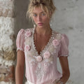 Vintage Pink Boho Roses Art V Neck Linen T Shirt elevenforest