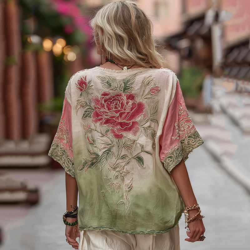Love & Health Collection Classic Rose And Floral Art Linen V Neck Shirt elevenforest