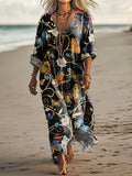 Women's Vintage Butterfly Art Print Pocket Cotton Dress