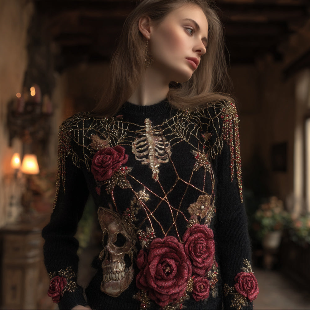 Women's Halloween Embroidered Spider Web Rose Round Neck Sweater elevenforest